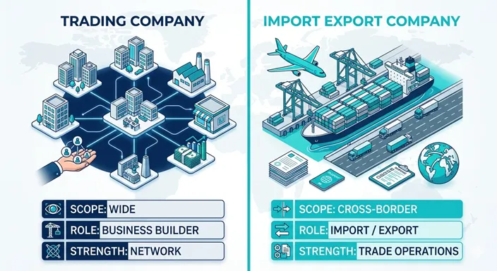 商社(TRADING COMPANY)と貿易会社(IMPORT EXPORT COMPANY)を、事業範囲、主な機能、強みの違いで比較した英語のインフォグラフィック。