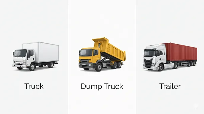 トラック、ダンプ、トレーラーの構造と役割を横並びで比較した図解画像。