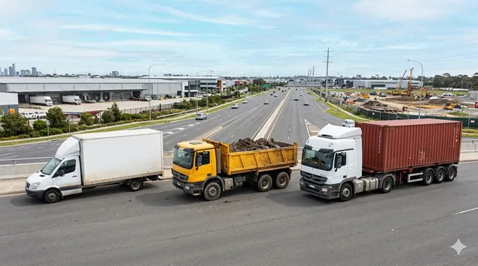 道路上に並ぶ箱型トラック、土砂を積んだダンプ、コンテナを牽引するトレーラーを対比した画像。