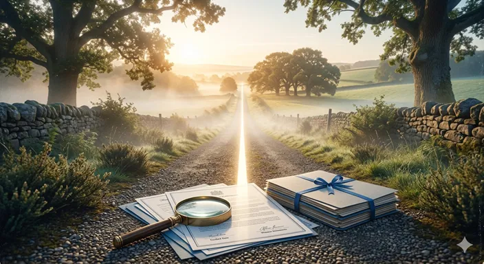 霧が晴れた道の上に、真実を示す光と根拠を確認する虫眼鏡が置かれている画像。