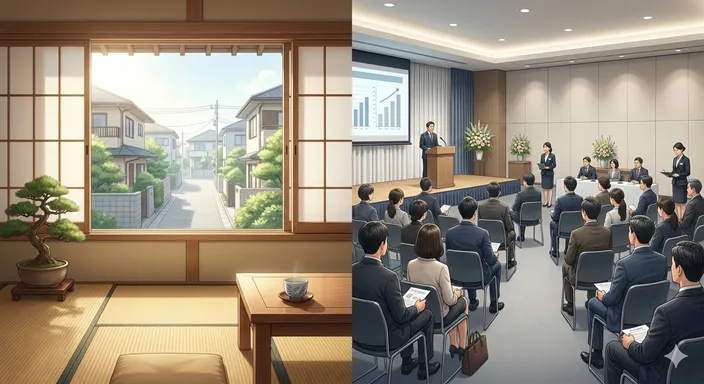 穏やかな日常を象徴する静かな暮らしの風景と、予定どおりに整然と進む式典や進行の風景を左右で対比したイメージ。