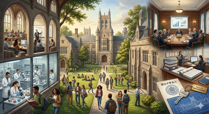 同じ大学キャンパスを見ながら、一方では学生生活、他方では契約や運営を象徴する二つの視点が示されたイメージ。