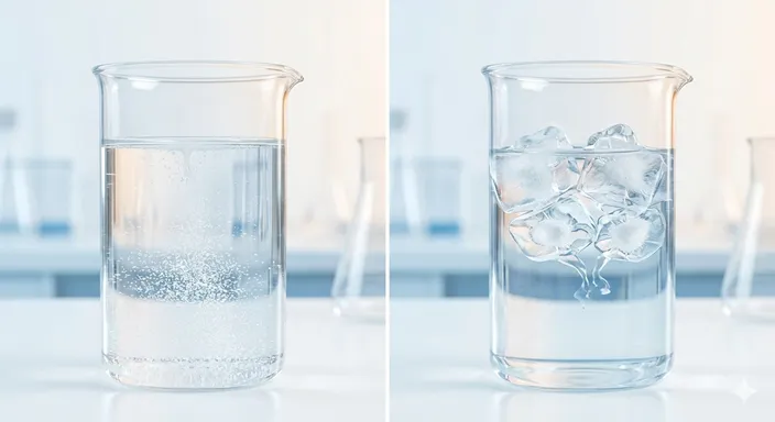水に広がる粒子と、氷が水へ変わる様子を穏やかに並べ、溶解と融解の理解を整理するイメージ。