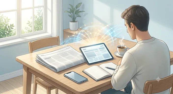 通信社がニュースを社会へ流し、新聞社が文脈を与えて読者へ届ける構造を象徴する穏やかなニュースメディアの風景。