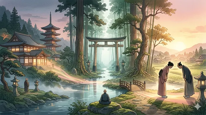 心を静める仏教、暮らしを清める神道、人間関係を整える儒教が、三本の光として一つの日本的な風景に集まっている画像。