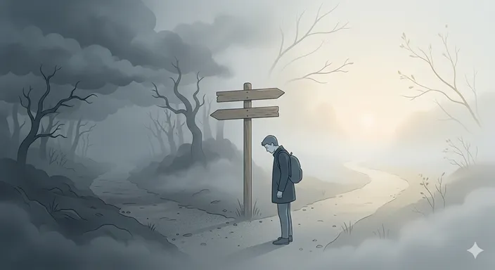 二つの道しるべの前で迷う人物と、言葉の選び方の混乱を象徴する抽象的な分かれ道。