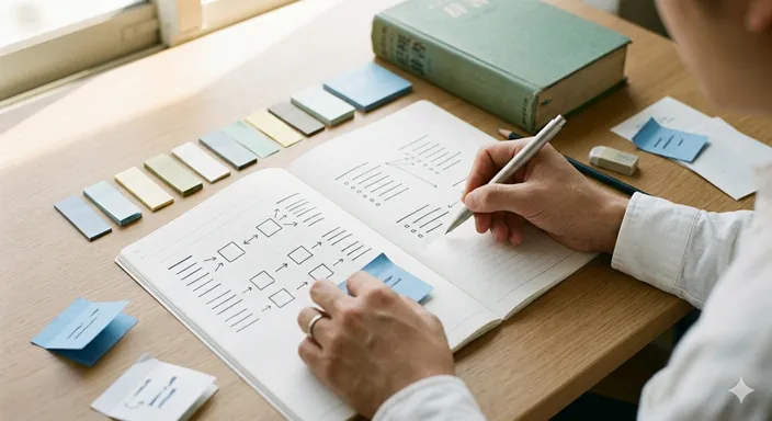 二つの似た言葉を文脈に合わせて選び分けるため、ノートに例文を書き比べている手元。