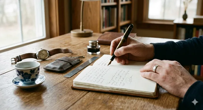 古い品物を前にして、ノートに説明文を書きながら言葉を選んでいる編集者の手元。