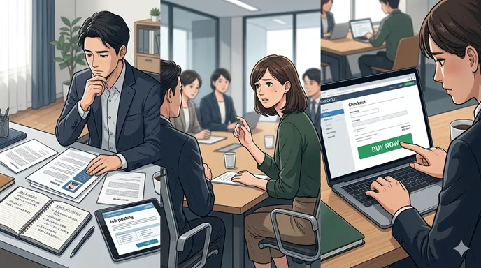 転職、会議、買い物など複数の場面で、迷いとためらいの違いを視覚的に表したイメージ。