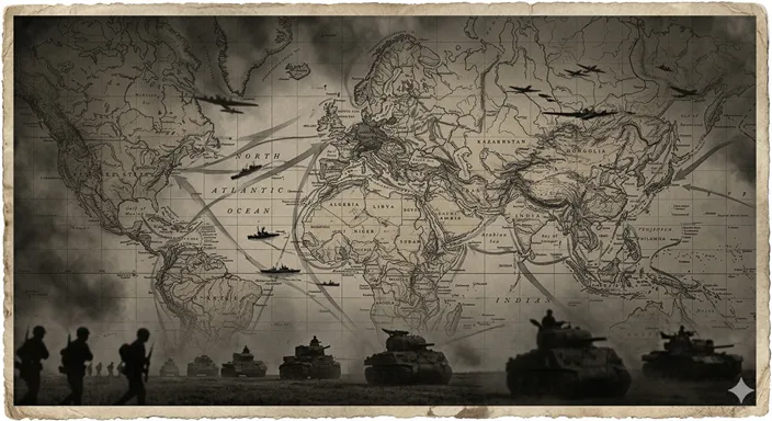 ヨーロッパを中心に世界各地へ戦線が広がっていく様子を連想させる、広域的な戦争のスケール感を表現したビジュアル。