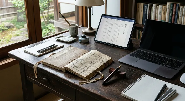 古い本と現代的なタブレットが同じ机の上に置かれ、古い表現も文脈によって生きることを示す画像。