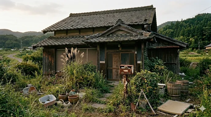 人が住まなくなった古い木造家屋に、伸びた草木と閉ざされた玄関が生活の終わりを感じさせている風景。