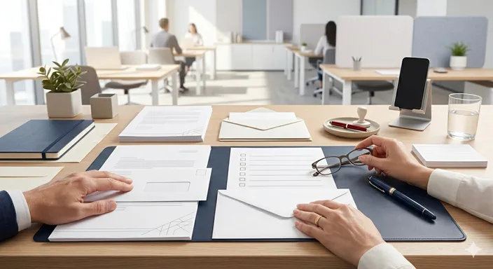 宛名の誤りを防ぐために、封筒や書類を慎重に確認している様子を表した画像。