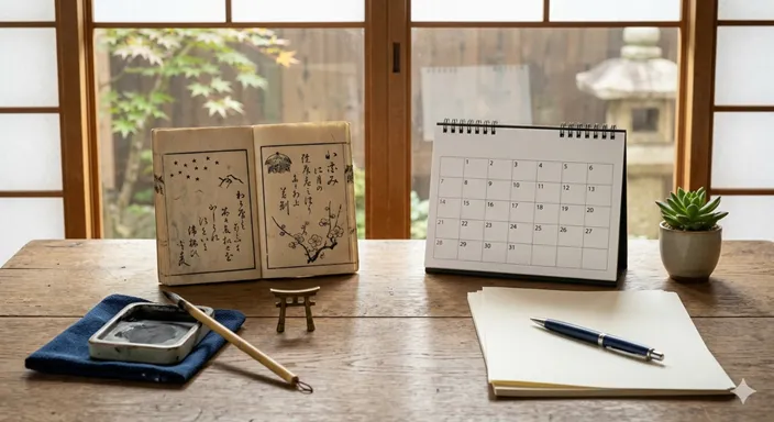 古い和暦と現代のカレンダーが並び、数え年と満年齢を場面に応じて使い分ける大切さを表した画像。