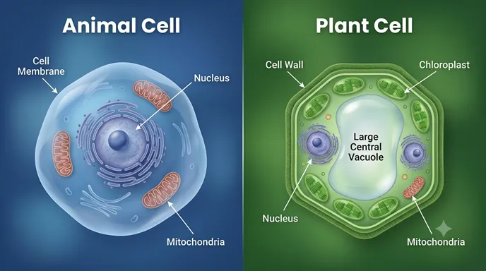動物細胞と植物細胞の構造の違いを、左右でわかりやすく比較したインフォグラフィック風イメージ。