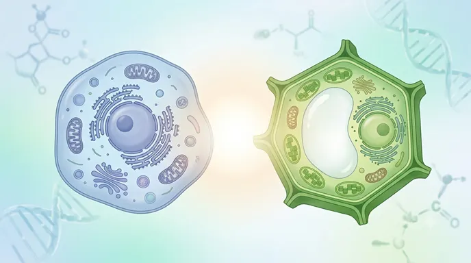 動物細胞と植物細胞が同じ生命の基本単位として並び、それぞれ異なる特徴を持ちながら調和しているイメージ。