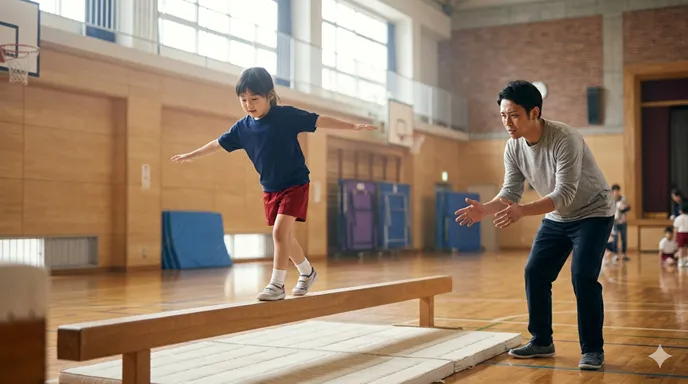 細い平均台を渡る子どもを、転ばないかと心配しながら見守る大人の姿。