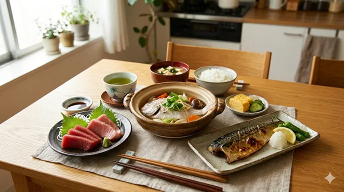 赤身魚、白身魚、青魚をバランスよく選んだ食卓が並び、目的に応じて魚を使い分ける大切さを表している画像。