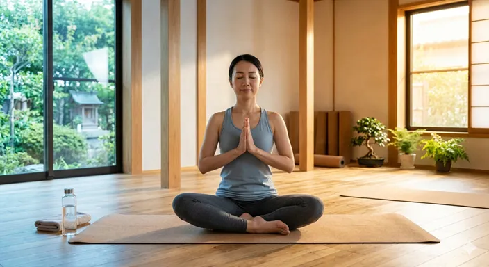 朝の穏やかな光の中、自分に合ったヨガを無理なく続け、心身の調和を感じている女性。