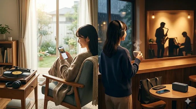 静かな部屋でクラシックを聴く時間と、カフェのような空間でジャズを楽しむ時間を並べて表したイメージ。