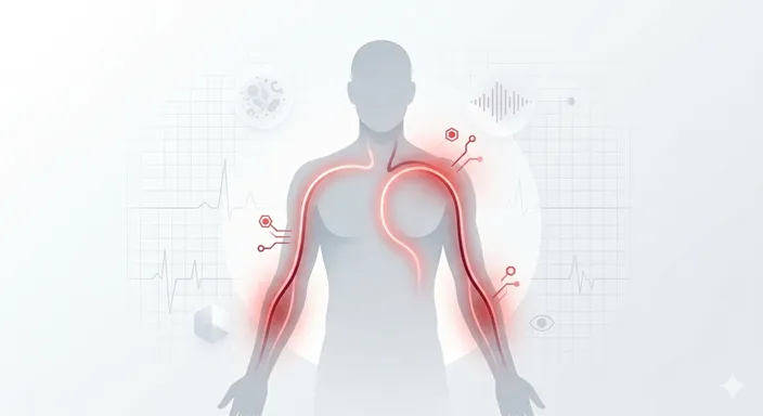 医療的な光の中で、人の腕や肩に赤いラインが浮かび、身体や健康への害を象徴している画像。