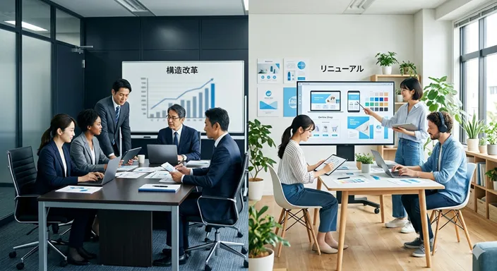 会議室で組織体制を見直す場面と、店舗やウェブデザインを新しくする場面を並べて表した画像。