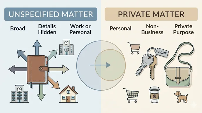 内容を限定しない用事を示す「UNSPECIFIED MATTER」と、個人的な用事を示す「PRIVATE MATTER」を左右に整理した英語比較図。