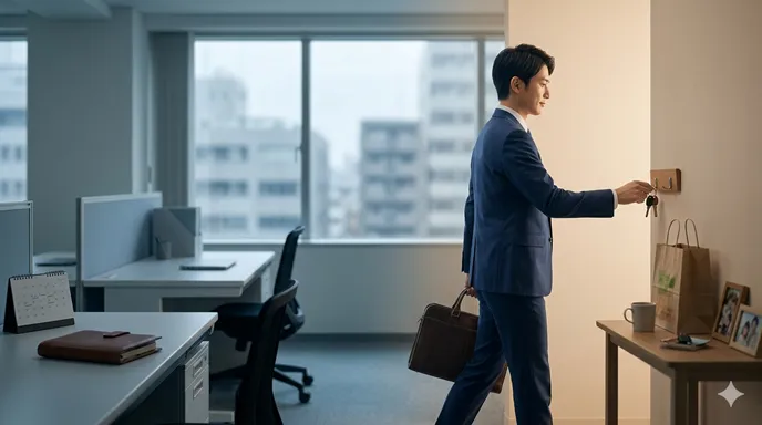 オフィスを背景に、内容を伏せた予定を示す閉じた手帳と、個人的な用事を象徴する家や買い物袋が左右に対比された画像。