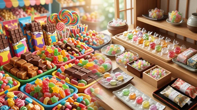海外風のお菓子売り場と日本の飴菓子のイメージが重なり、英語のcandyと日本語のキャンディの範囲の違いを表した画像。