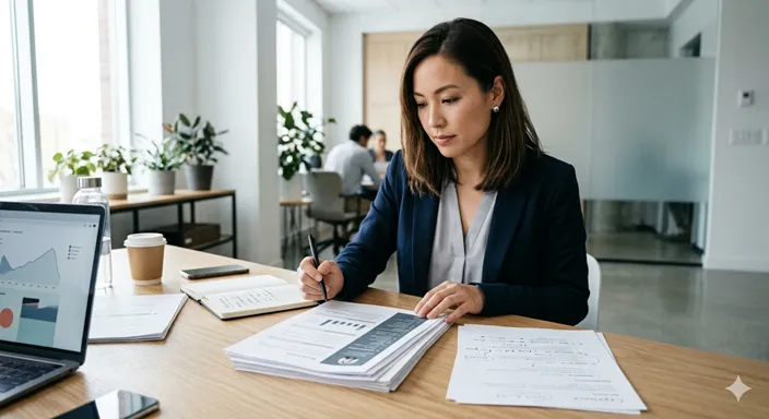 職務経歴書を前に、自分の担当業務や役割を整理しているビジネスパーソンの画像。