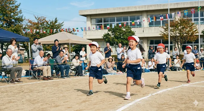 小学校の校庭で子どもたちが笑顔で走り、保護者が見守る温かな運動会の風景。