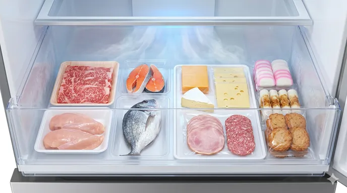 チルド室に肉、魚、チーズ、ハムが低温で新鮮に保存されている様子。