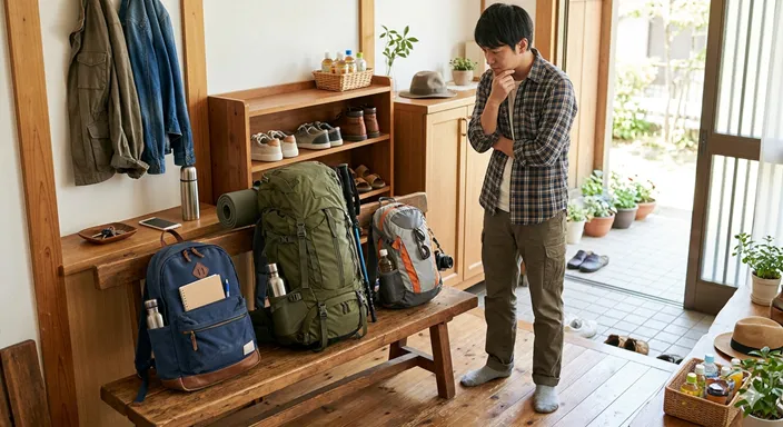 用途に合わせてリュック、バックパック、デイパックを選ぶことを象徴する、外出前のバッグ選びの画像。