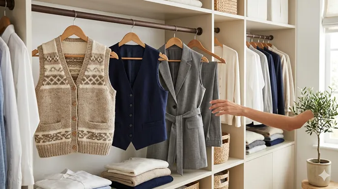 三種類の袖なし服から場面に合う一着を選ぶように、服が整然と並ぶ明るいクローゼットの画像。