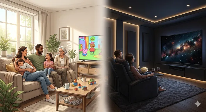 明るい日常使いのリビングテレビと、暗い部屋で映画を楽しむテレビ環境が並び、生活に合ったテレビ選びを表している画像。
