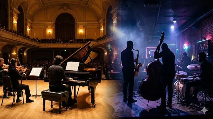 重厚なコンサートホールで楽譜を前に演奏されるクラシック音楽と、薄暗いジャズクラブで即興演奏するミュージシャンの対比。