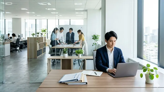 整理された机と明るいオフィスの中で、仕事の状態と内容の違いがすっきり整理されたことを表す穏やかなイメージ。