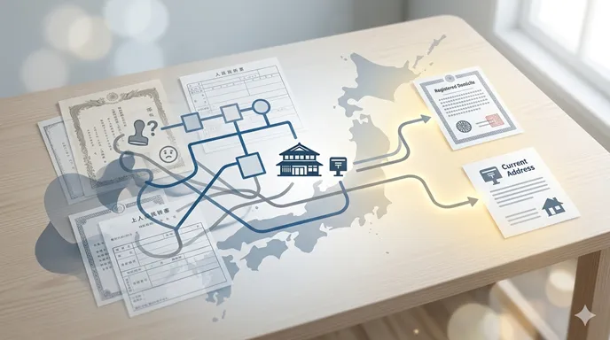 複数の書類や地図のピンが絡み合い、本籍と住所の混同を表しているイメージ。