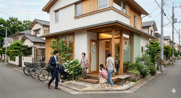 住宅街の中にある小規模な診療所に地域の人が訪れる、身近な医療の入口を表した風景。