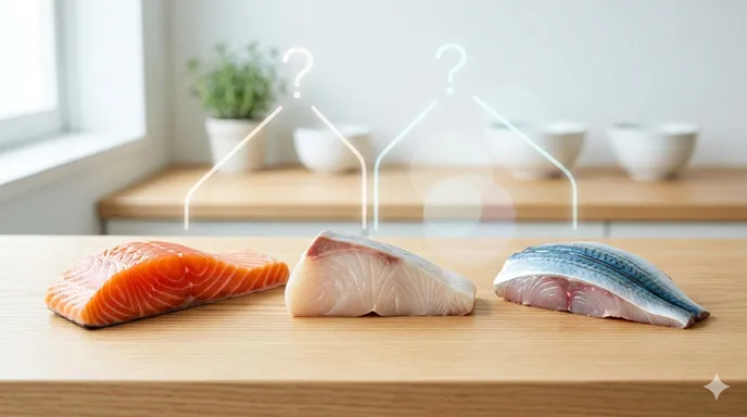 ブリ、サーモン、アジが並び、見た目の色だけでは魚の分類を判断しにくいことを表した画像。