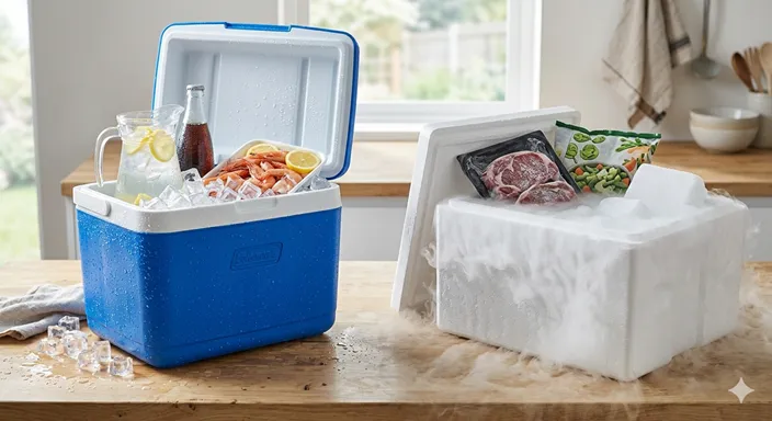 氷で冷やされた飲み物と、ドライアイスで保冷された冷凍食品が並び、冷やし方の違いを示している画像。