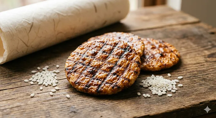 焼き目のついた丸い醤油せんべいと、そばに置かれたうるち米の粒が香ばしさを表している画像。