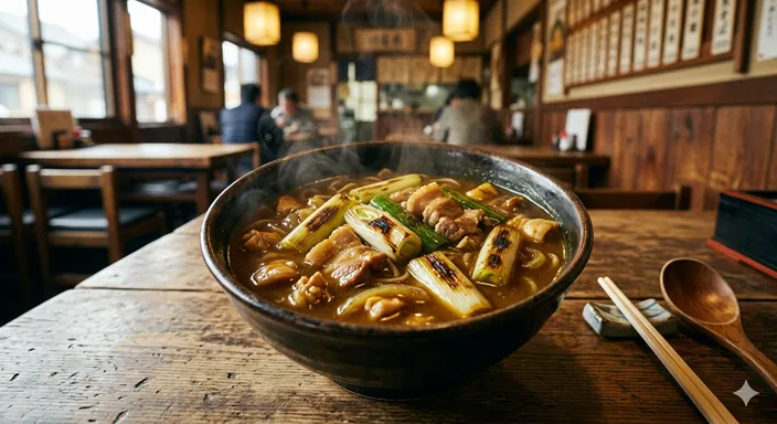 焼き目のついた長ねぎと肉が入ったカレー南蛮から湯気が立ち、そば屋らしい風情を感じさせる画像。