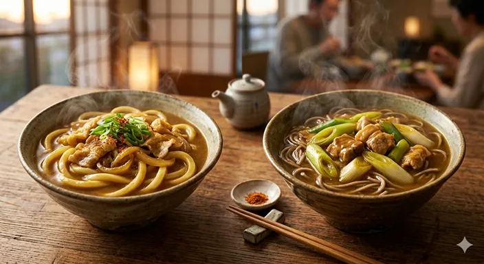 カレーうどんとカレー南蛮の二つの器を前に、自分の好みに合わせて選ぶ楽しさを表した温かい食卓の画像。