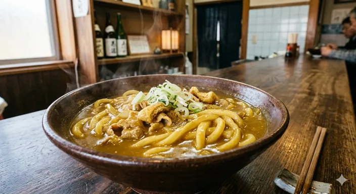 太いうどんに和風だしの効いたカレー汁がとろりと絡み、湯気が立っているカレーうどんの画像。
