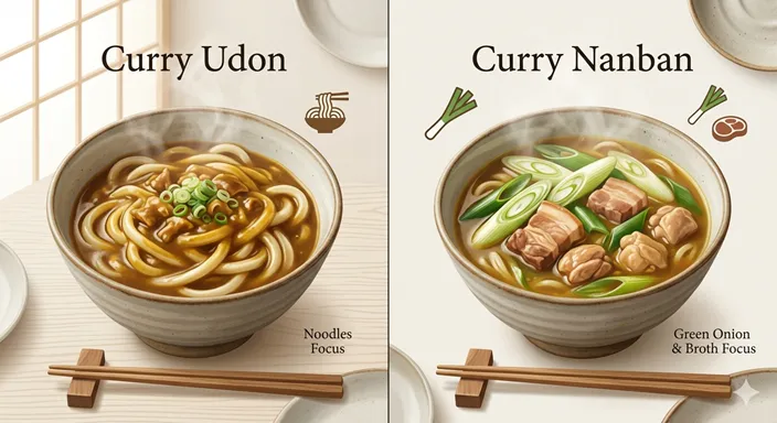 カレーうどんは太いうどん、カレー南蛮は長ねぎと肉の南蛮仕立てであることを英語ラベル付きで比較した画像。