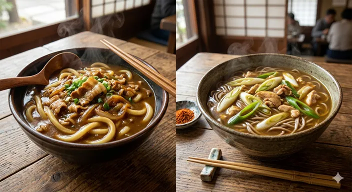 湯気の立つカレーうどんと長ねぎが香るカレー南蛮を左右に並べ、それぞれの違いを料理の雰囲気で表した画像。