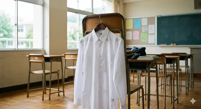学校の教室や廊下を背景に、制服用の白いシャツが椅子やハンガーに掛けられている画像。