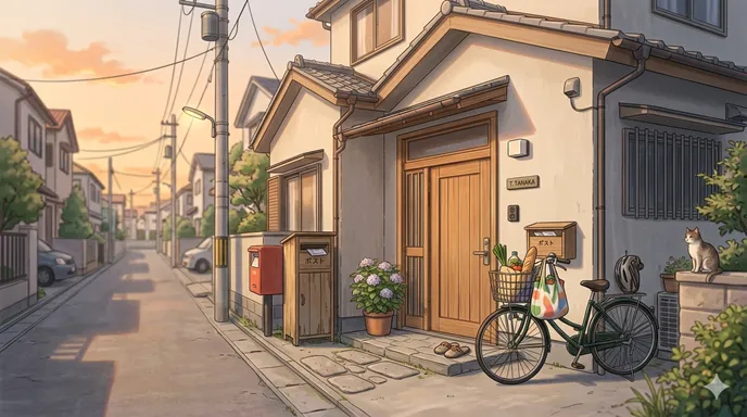日常生活の拠点としての家、郵便受け、買い物袋、街灯が穏やかに描かれている住宅街のイメージ。