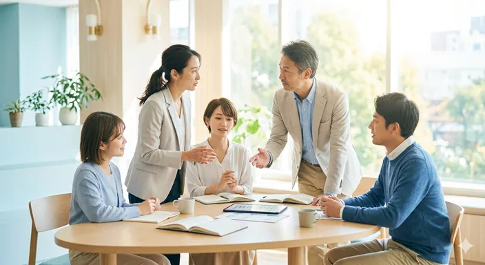 対立と協働の両方を理解したうえで、適切な話し合い方を選び取ることを象徴する落ち着いたイメージ。